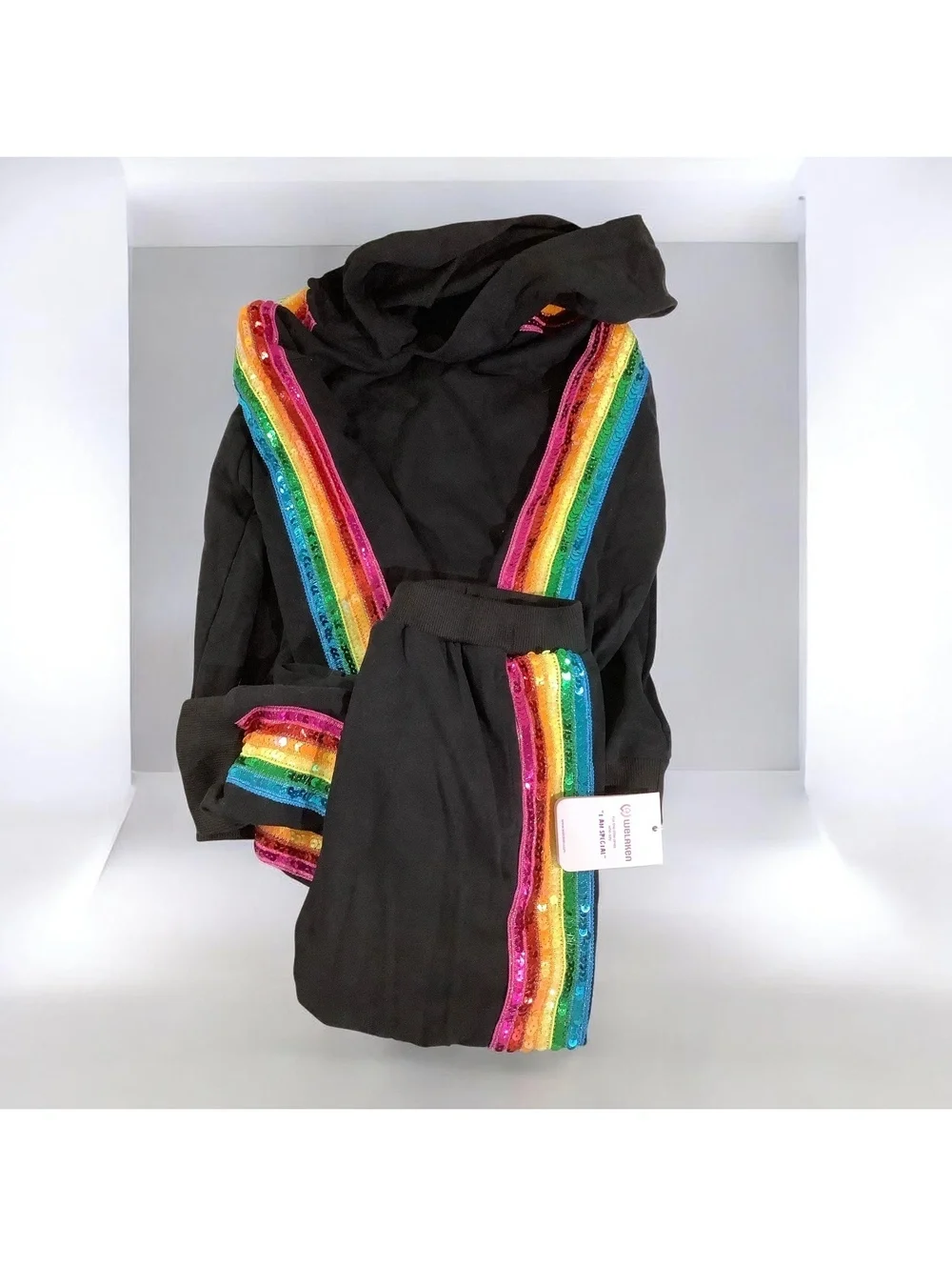 NWT WELAKEN Girls 2 Piece Hoodie & Sweatpants Set, Black / Rainbow, 6-7 Yrs